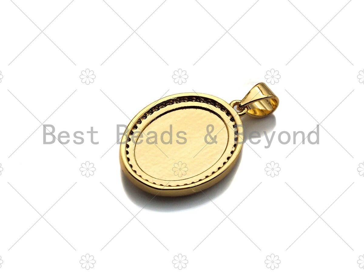 18K Gold Virgin Mary On Oval Emblem Shape Pendant, Oval Charm, Virgin Mary Pave Pendant, Dainty Gold Charm,21x15mm, Sku#F1154