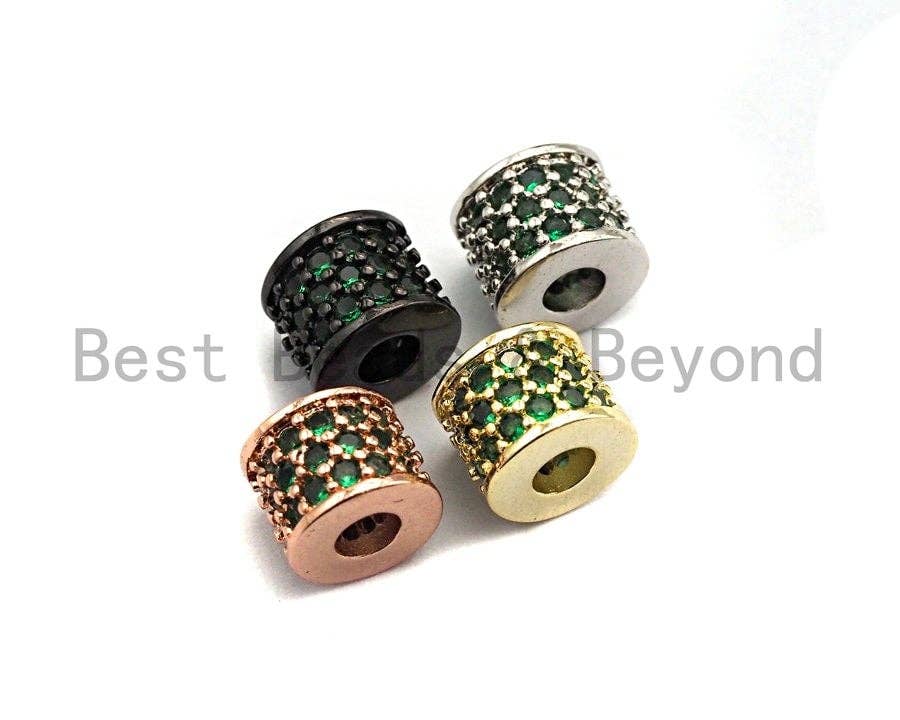 CZ Big Hole Drum Barrel Green Micro Pave Spacer Beads, Gold/Rose Gold/Silver/Black Cubic Zirconia Spacer Beads, DIY Jewelry, 6x7mm, sku#X47