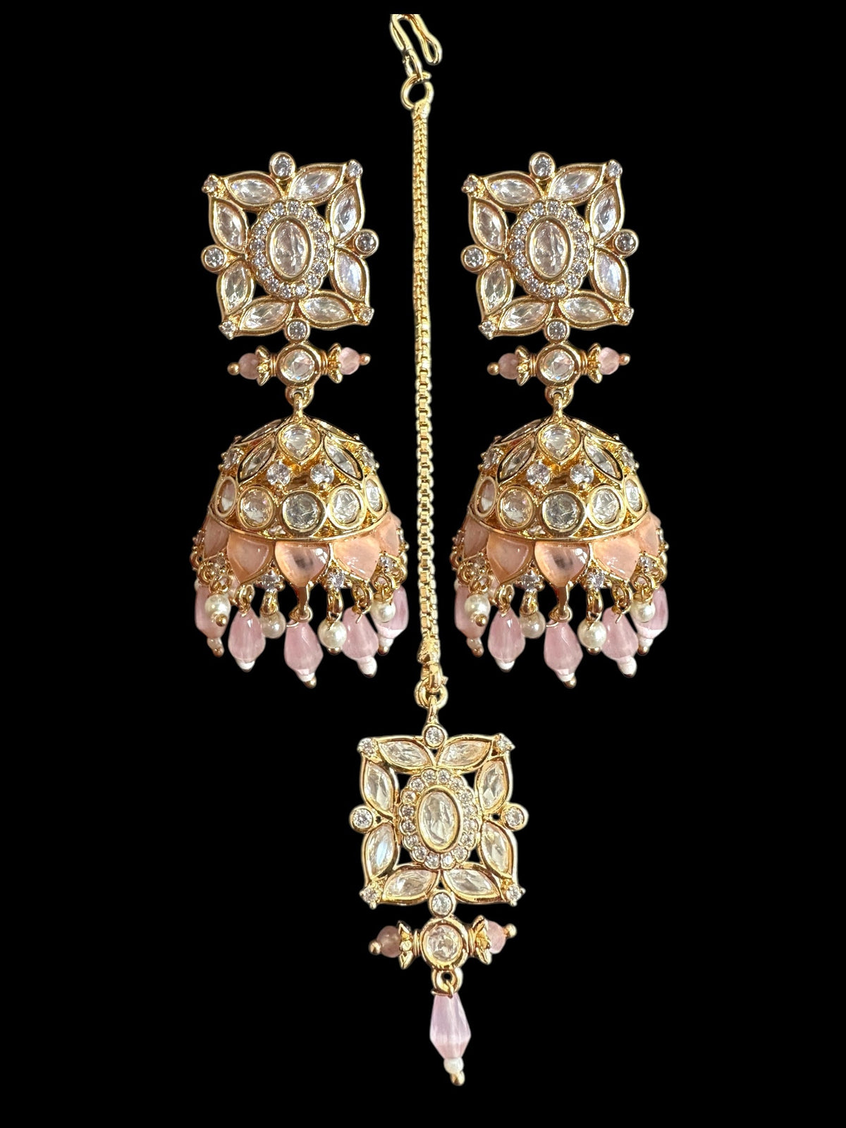 DJET71 Kaheesha Polki jhumka and tika set in pink ( READY TO SHIP )