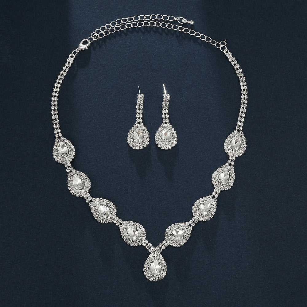 Palace Style Clear Rhinestone Jewelry Water Drop Crystal Set Necklace Earrings Fashionable Versatile Bridal Wedding Jewelry