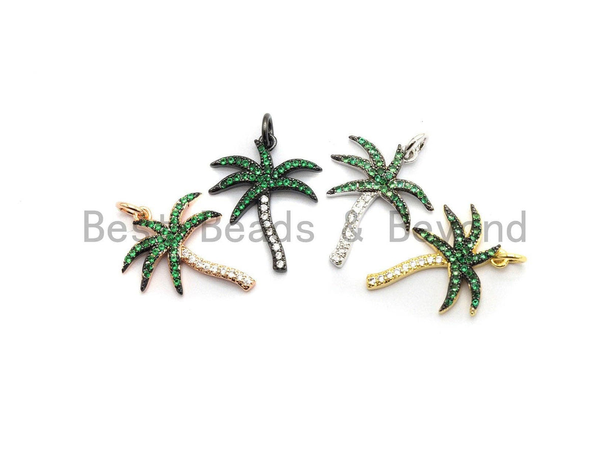 Green CZ Micro Pave Coconut Tree Pendant, Palm Tree Pave Pendant, Gold/Rose Gold/Silver/Gunmetal plated, 17x21mm, Sku#F698C