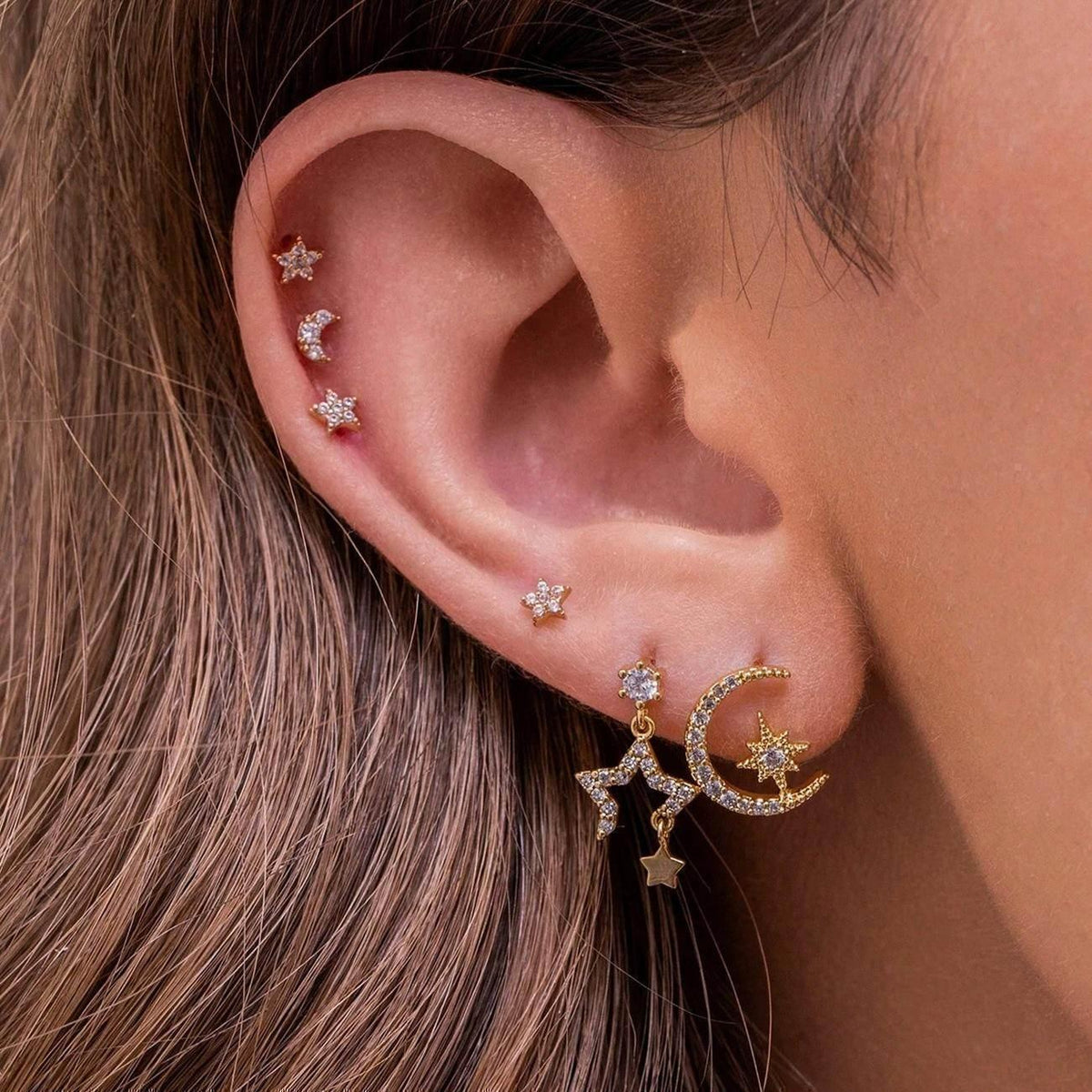 Stacking 4 Pieces Teardrop Elegance Earring Set, 18k Gold Stud Drop Hoop, S925 Needle, Stacked Lobe Designs with Dazzling Zirconia