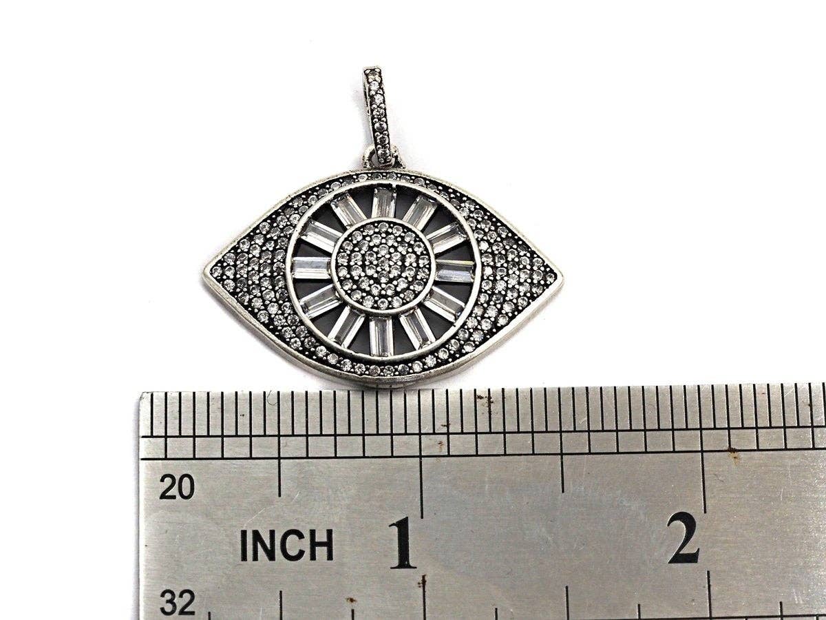 CZ Micro Pave Evil Eye Pendant, Antique Silver Tone, Clear Cubic Zirconia Big Pave Evil Eye Charm Pendant, 33x24sku#F981