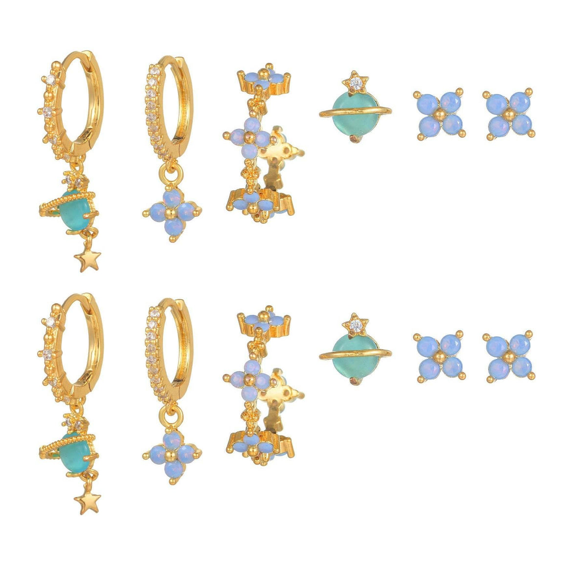 Stacking 6 Pieces Blue Flower Pierced Earring Set with Zircon, 18k Gold Plated Ear Studs and Ear Drops
