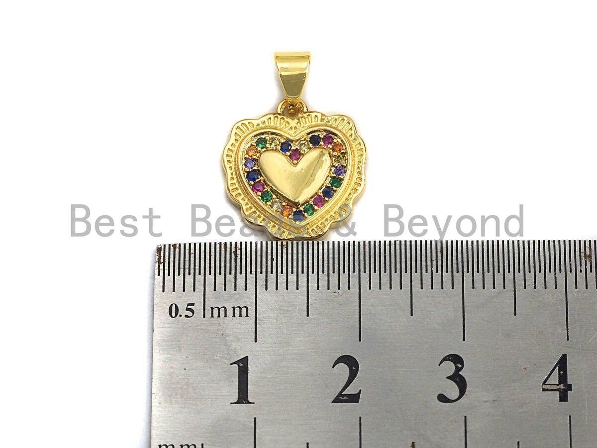 CZ Colorful Micro Pave Lace Heart Gold Pendant, Heart Shaped Pave Pendant, Gold plated, 14x15mm, Sku#F949