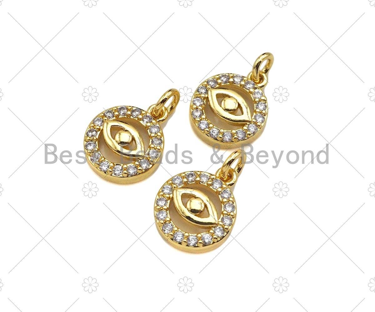 CZ Micro Pave Evil Eye On Round Ring Shape Pendant,18K Dainty Gold Charm, Necklace Bracelet Charm Pendant,9x11mm,Sku#JL38