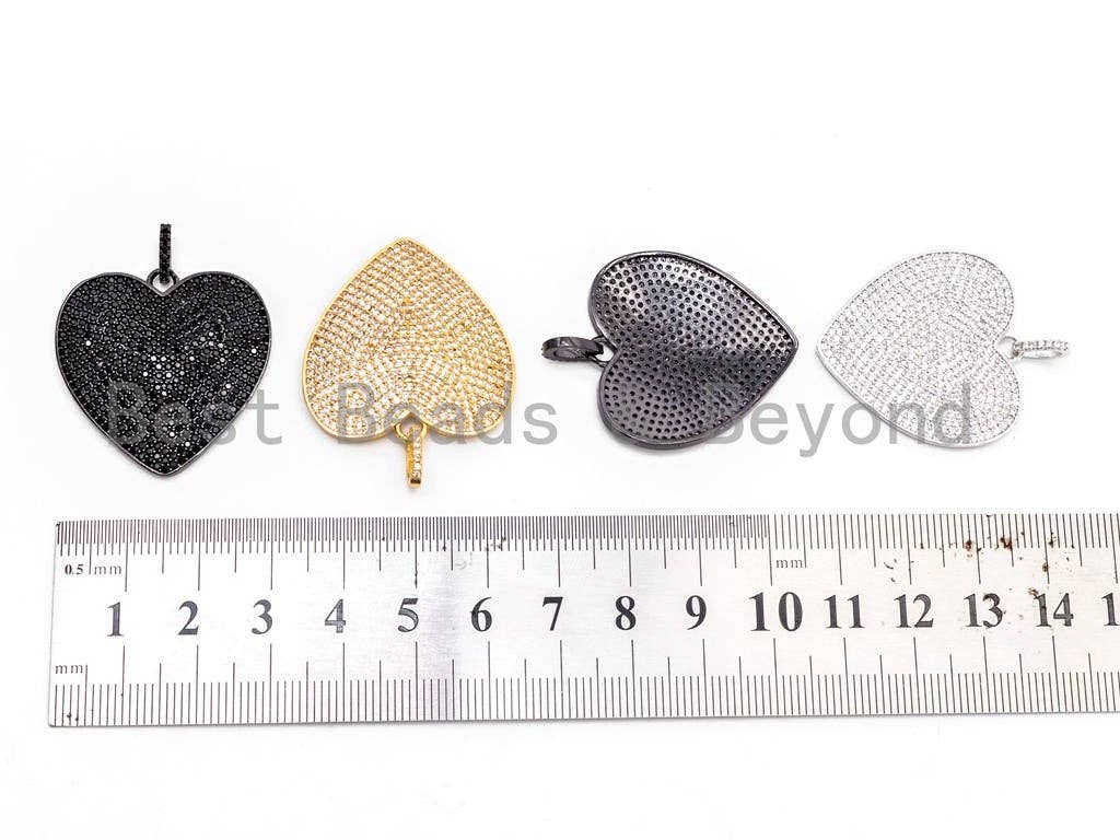 CZ Clear/Black Micro Pave Heart Pendant, Heart Shaped Pave Pendant, Gold/Rose Gold/Silver/Gunmetal plated, 30x36.5mm, Sku#F107