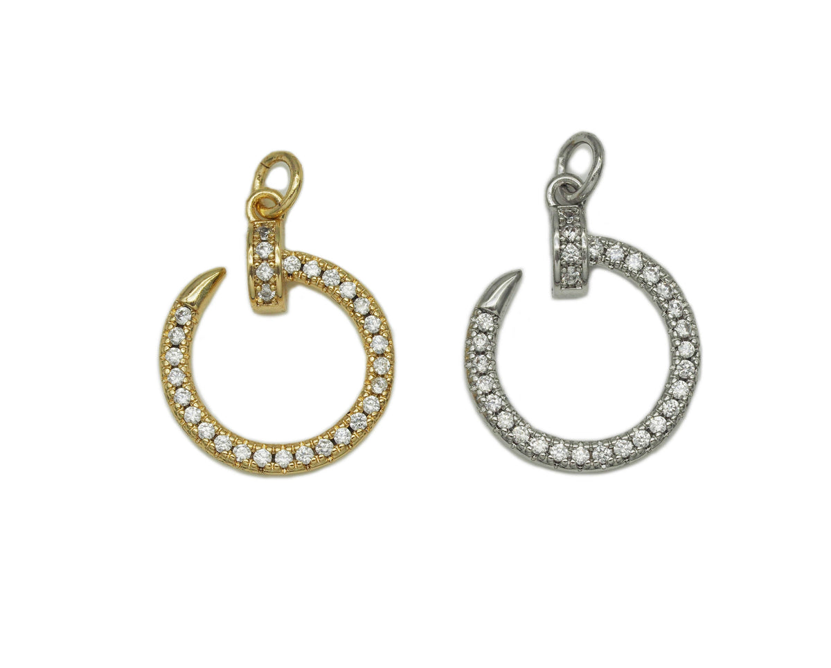 Gold silver CZ Nail Circle Charm, Sku#F1471