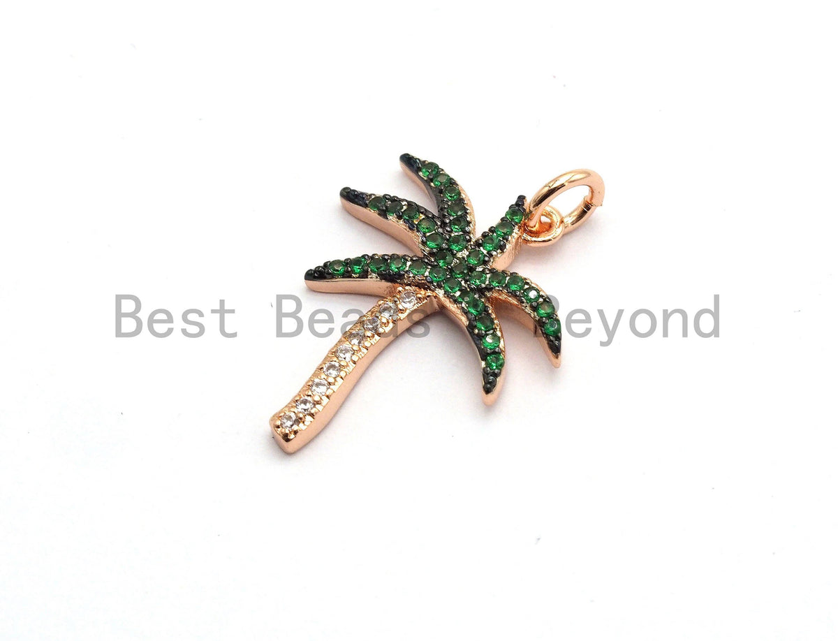 Green CZ Micro Pave Coconut Tree Pendant, Palm Tree Pave Pendant, Gold/Rose Gold/Silver/Gunmetal plated, 17x21mm, Sku#F698C
