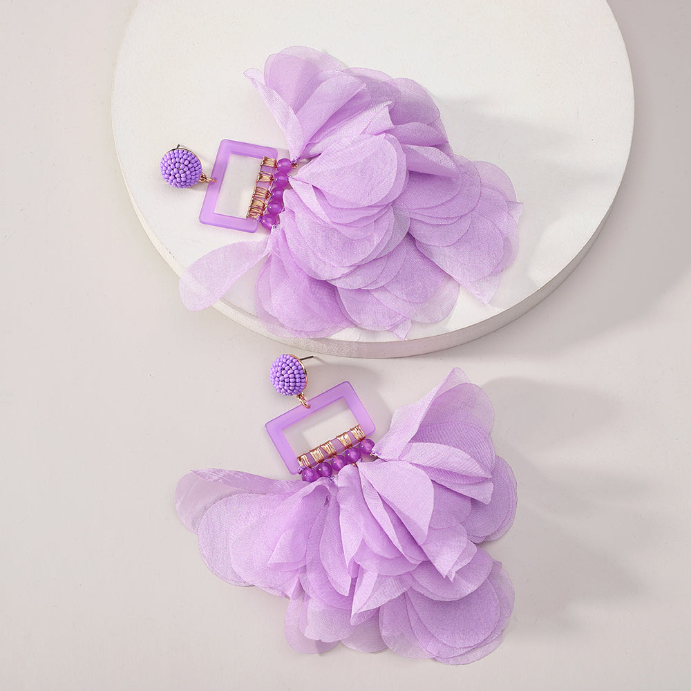 Oversized Chiffon Multi-Layer Tassel Earrings For Women Bohemian Handmade Fabric Jewelry Summer Party Beach Vacation