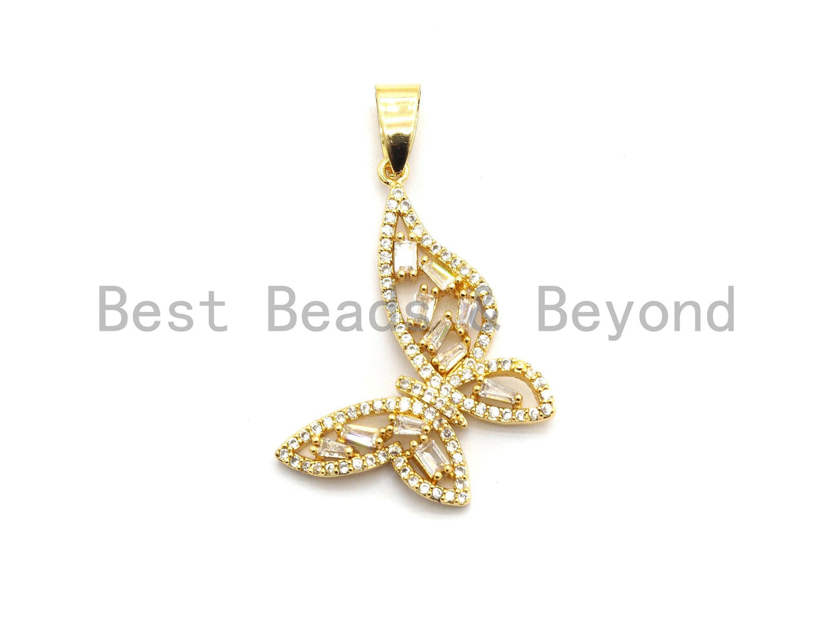CZ Micro Pave Butterfly Shape Pendant with Baguette CZ cluster, Gold/Silver/Black/Rose Gold Plated Jewelry,29x31mm,sku#F699