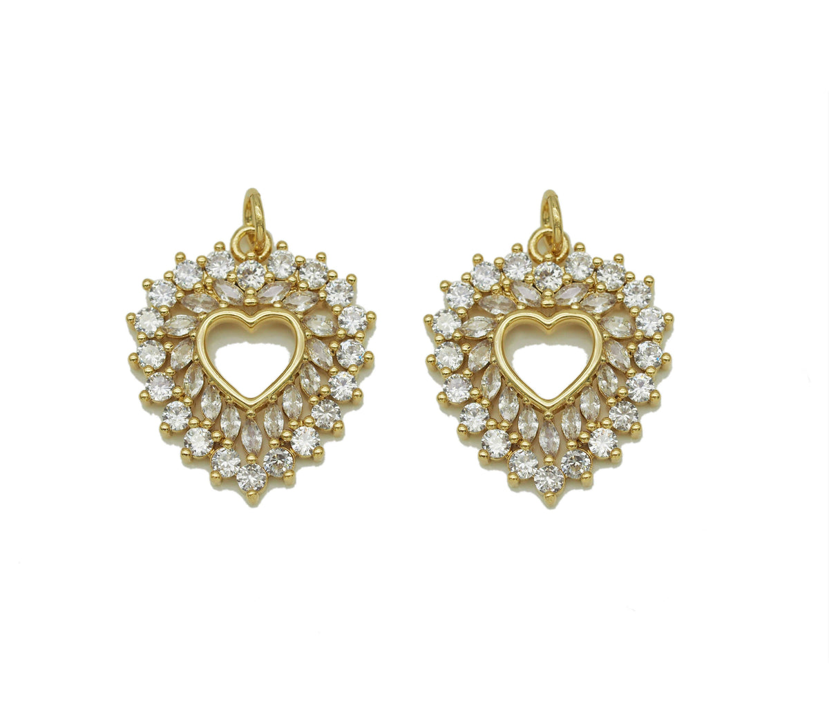 CZ Gold Silver Open Hollow Out Heart Charm, Baguette CZ heart, Sku#F1472