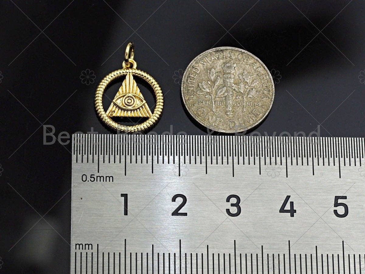 CZ Micro Pave Evil Eye On Triangle With Round Ring Shape Pendant, Gold Plated, Necklace Bracelet Charm Pendant, 18x20mm,sku#F1240