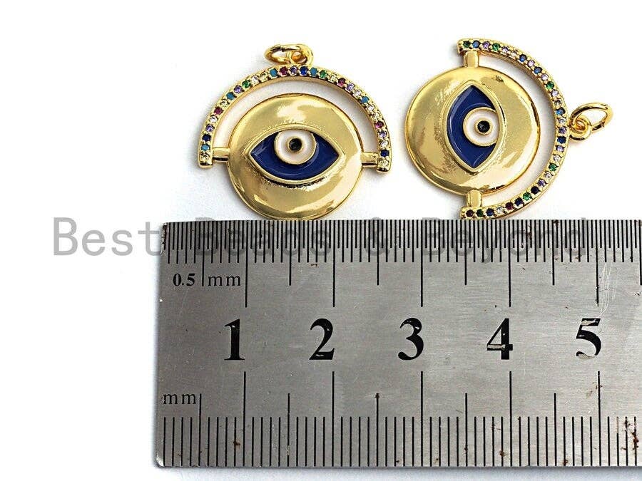 Colorful CZ Micro Pave Round With Cobalt Evil Eye Charm Pendant, Round Coin Shaped Pave Pendant, Gold plated, 22x22mm, Sku#F901