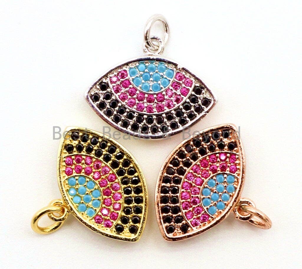 CZ Micro Pave Turqupise Fuchsia Evil Eye Pendant/Charm, Cubic Zirconia Pendant, 17x17mm, CZ Charms, sku#F37