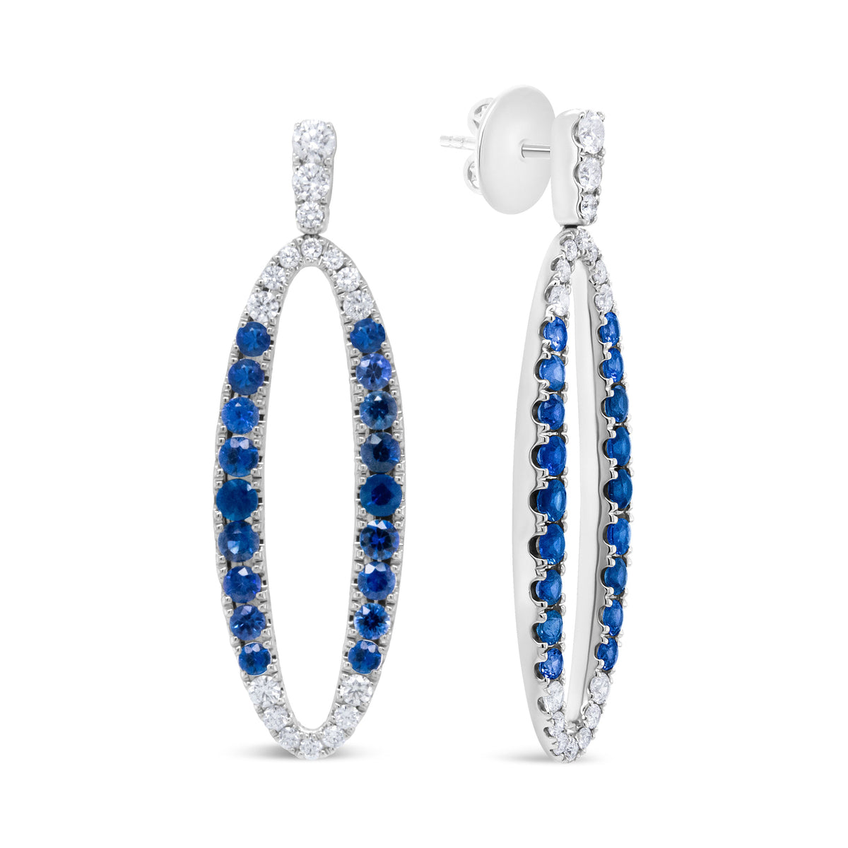 18K White Gold 1-1/10 Cttw Blue Diamond and Sapphire Oval Openwork Dangle Earrings