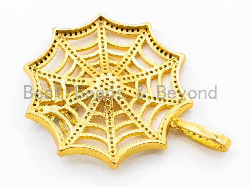 CZ Micro Pave Spide Web Pendant, CZ Spider Halloween Charm, Silver/Gold/Rose Gold/Gunmetal Color, 37x46mm, 1pc,SKU#F299