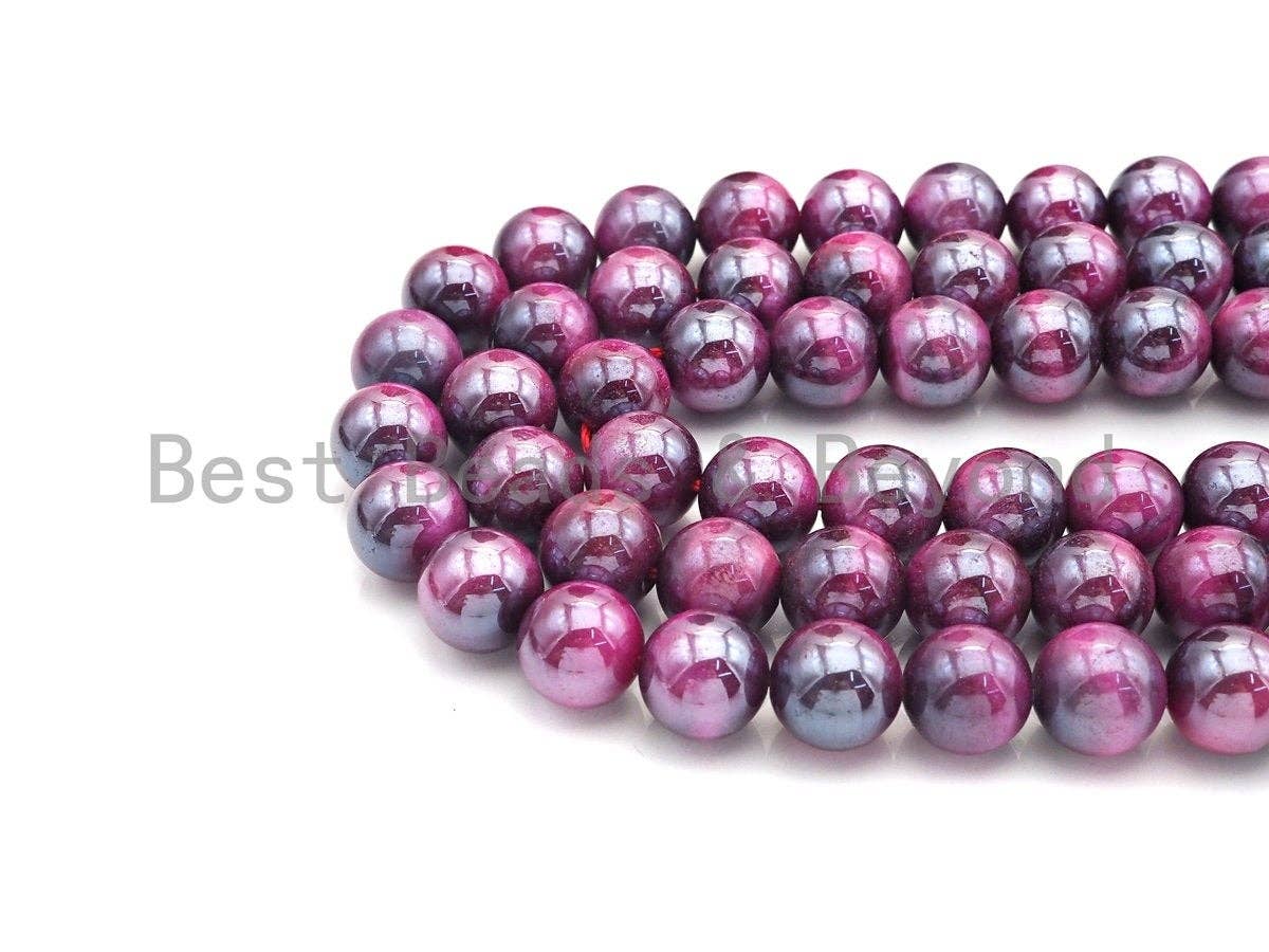 Mystic Plated Fuchsia Tiger Eye Beads, Round Smooth 10mm/12mm Fuchsia Tiger Eye, 15.5" Full Strand, sku#UA76