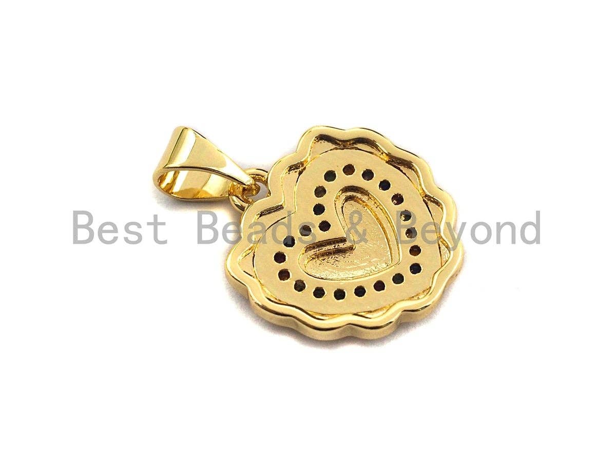 CZ Colorful Micro Pave Lace Heart Gold Pendant, Heart Shaped Pave Pendant, Gold plated, 14x15mm, Sku#F949