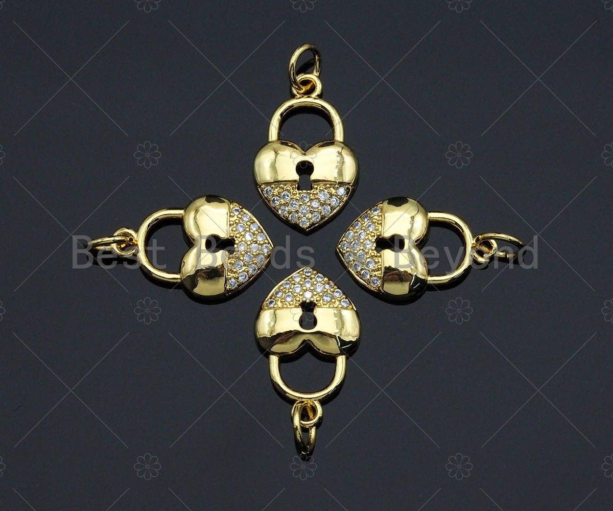 CZ Micro Pave Heart Lock Pendant, Heart Shape Charm, 18K Gold Lock Pendant,16x10mm, Sku#JL10