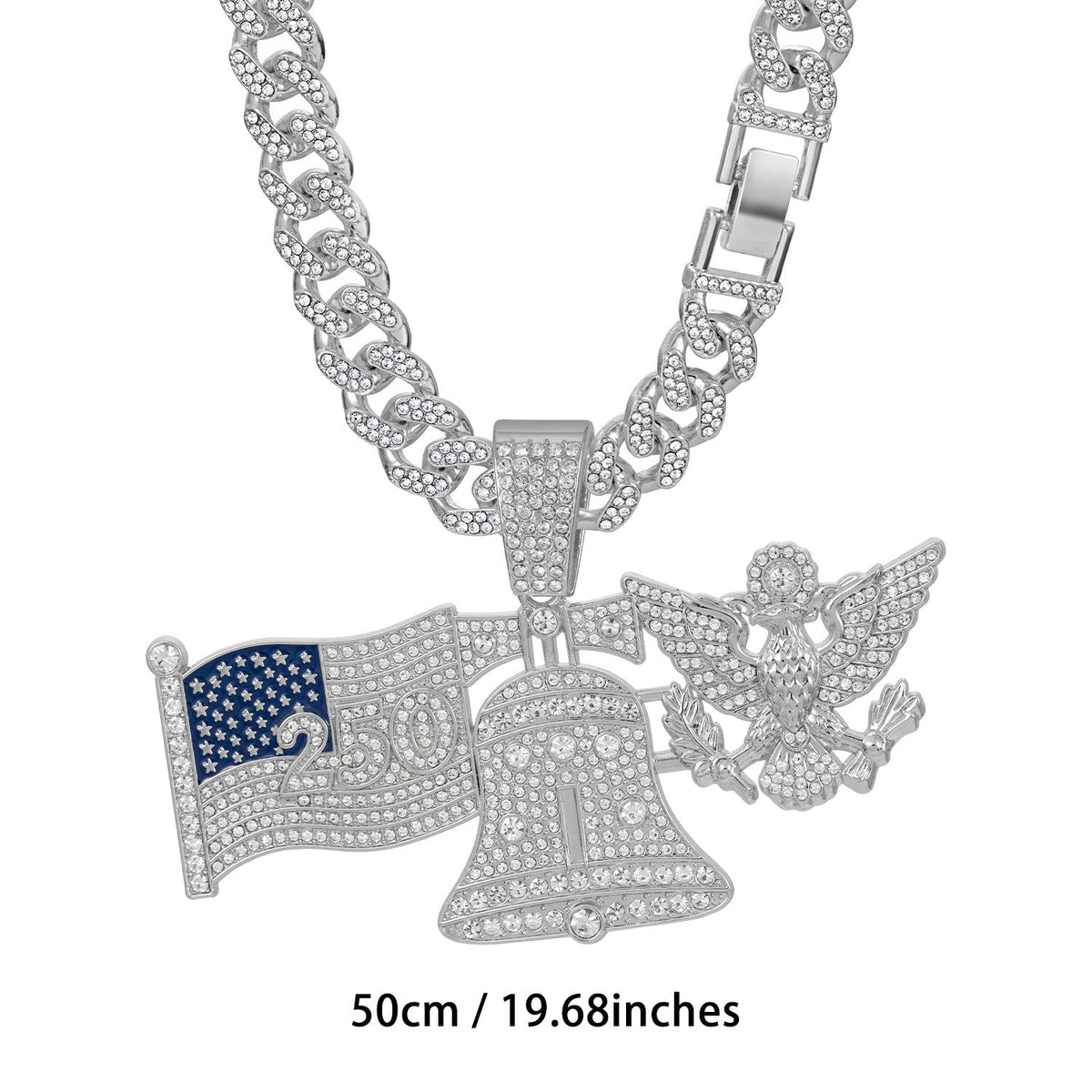 American 250Th Anniversary Liberty Bell White Eagle Pendant Necklace Alloy Diamond-Encrusted Cuban Chain Hip-Hop Accessory