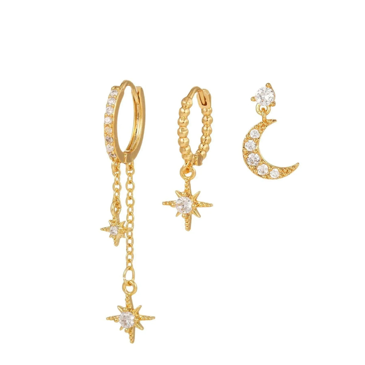 Stacking 3 Pieces Lunar Starlight Glow Earring Set, 18k Gold and White Gold Stud Drop Hoop, S925 Needle, Stacked Lobe Designs with Dazzling Zirconia
