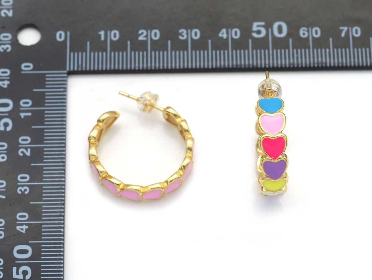 Colorful Enamel String Hearts Hoop Earrings, Sku#J374
