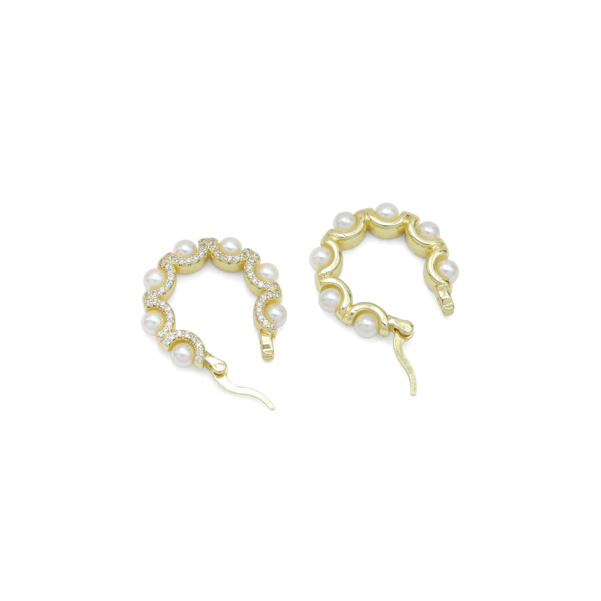 Clear CZ Gold wave line Pearl Hoop Earrings, Sku#LK1009