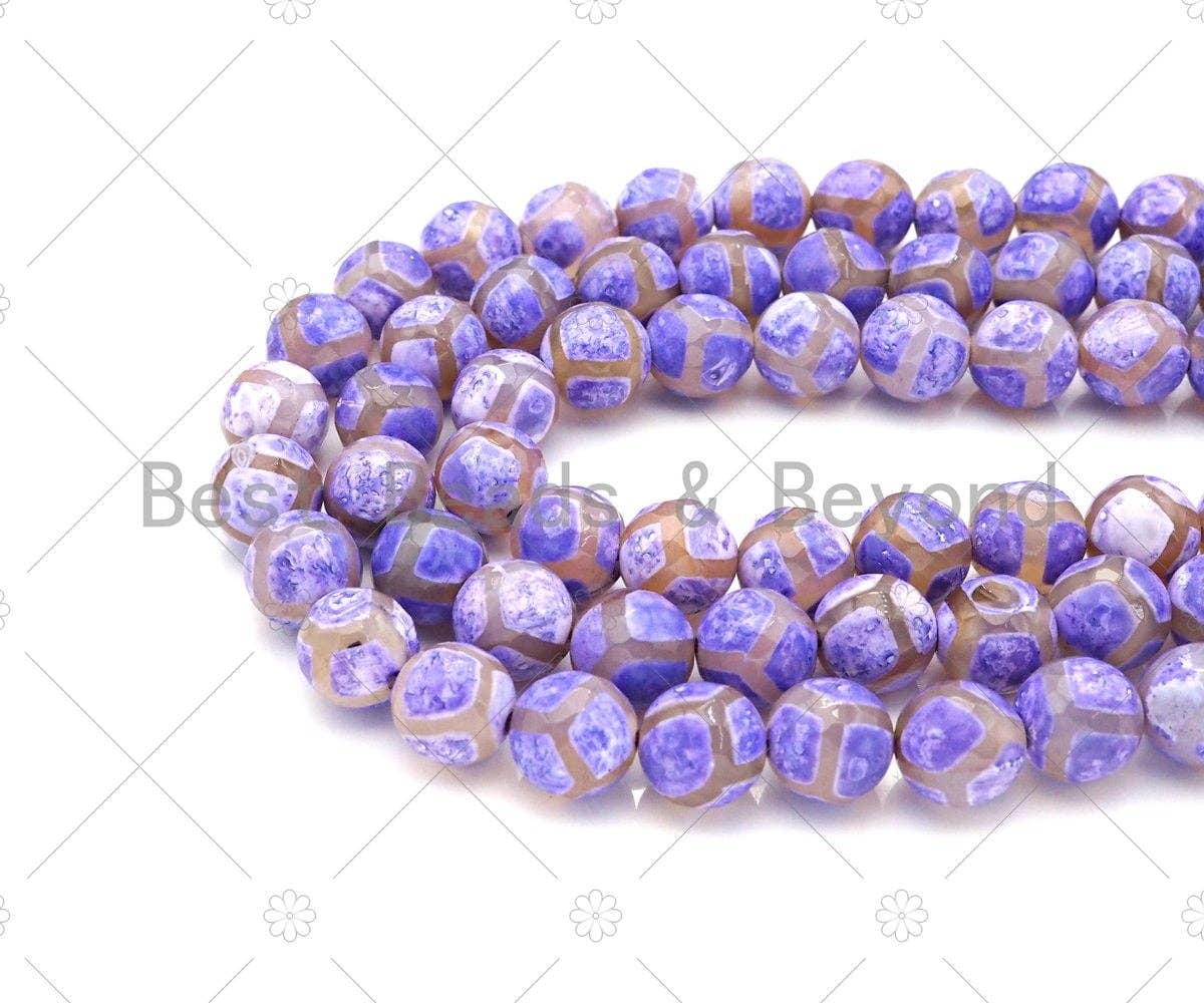 Natural Tibetan Purple Football Agate Beads, Dzi Football Agate Beads, 8mm/10mm/12mm Round Faceted Agate,15.5" Full Strand, Sku#U1116