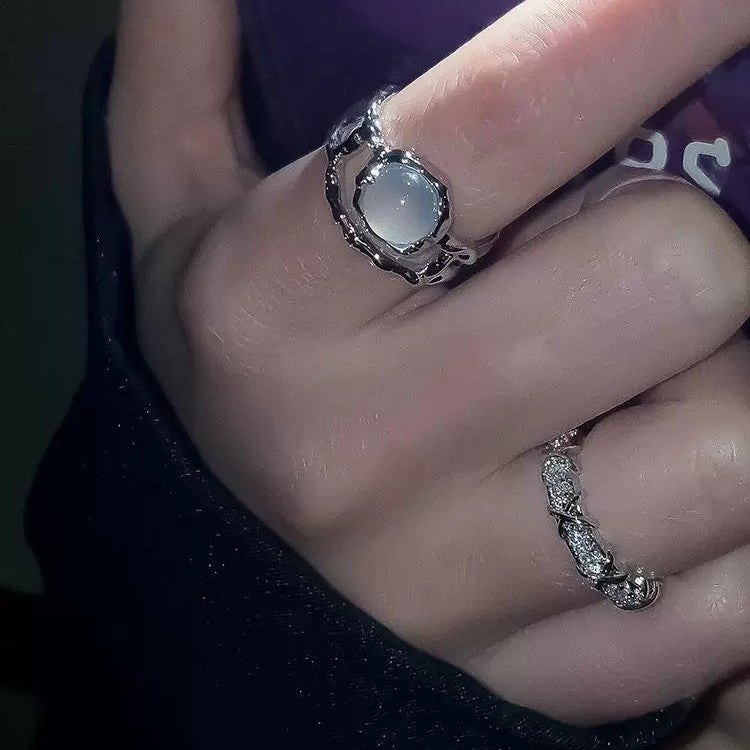 White Moonstone Couple Rings For Men & Women, Niche Zircon Inlaid French Style Adjustable Open Index Finger Jewelry
