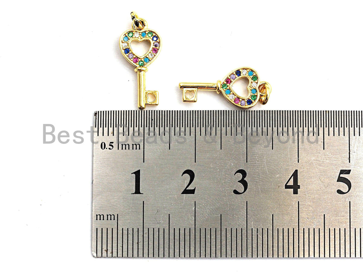 CZ Colorful Micro Pave Heart Shape Key Charm Pendant, Key Sh