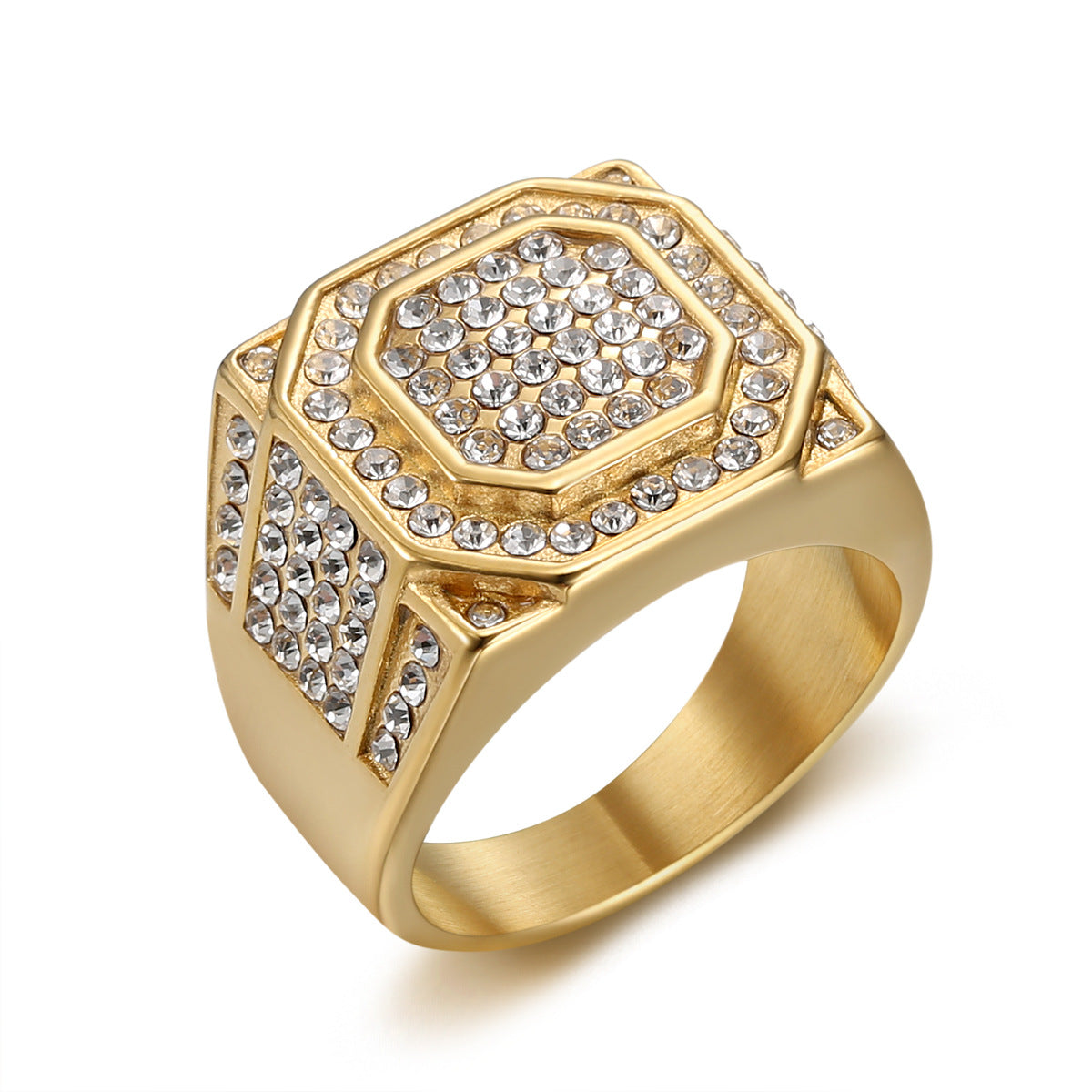 Titanium Steel Gold-Plated Full-Crystal Mens Ring
