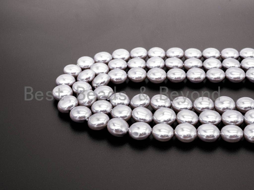 Gray Natural Mother of Pearl beads,12x8mm Pearl Coin beads, Loose Coin Smooth Pearl Shell Beads, 16inch strand, SKU#T70