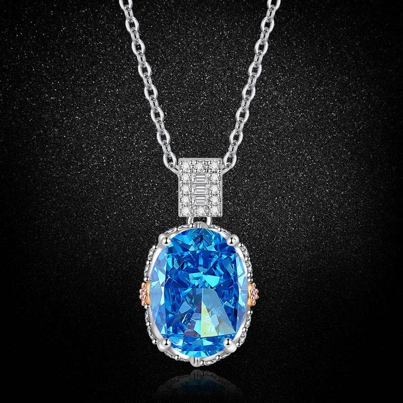 Multicolor Ice Flower Cut Oval CZ Pendant Necklace, Blue & Green 10*14mm 8A Cubic Zirconia, Two-Tone Pave CZ Halo with Pavé Top Frame
