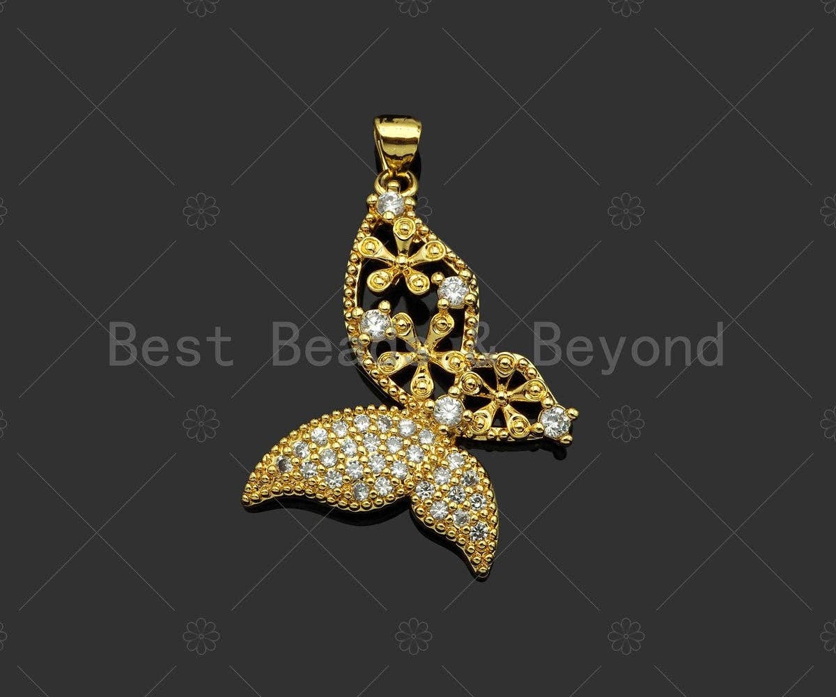Gold Filled CZ Micro Pave Flower On Butterfly Shape Pendant, 18K Gold Filled ButterflyCharm, Necklace Bracelet Pendant,28x35mm,Sku#LD100