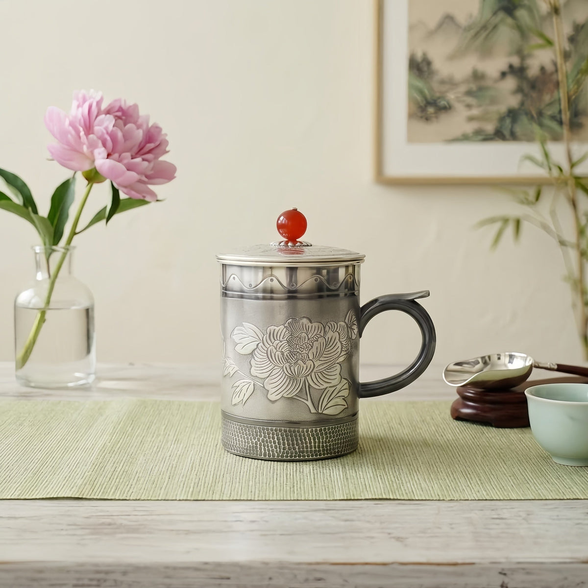 Pure 999 Fine Silver Elegant Silver Peony Engraved Mug with Red Bead Lid and Hammered Base - Handicraft