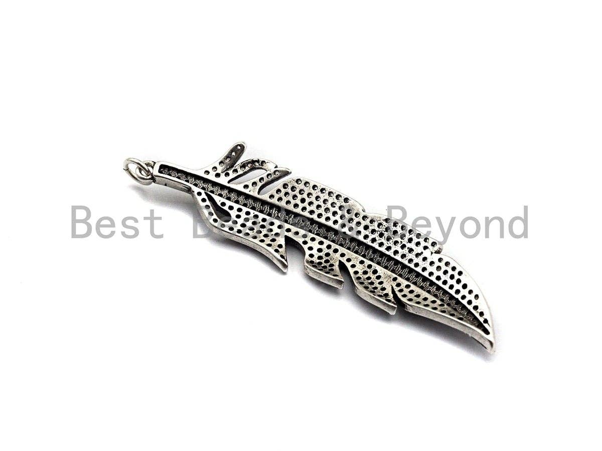 CZ Micro Pave Feather Pendant, Antique Silver Tone, Clear Cubic Zirconia Big Pave Feather Charm Pendant, 14x58mm,sku#F1011