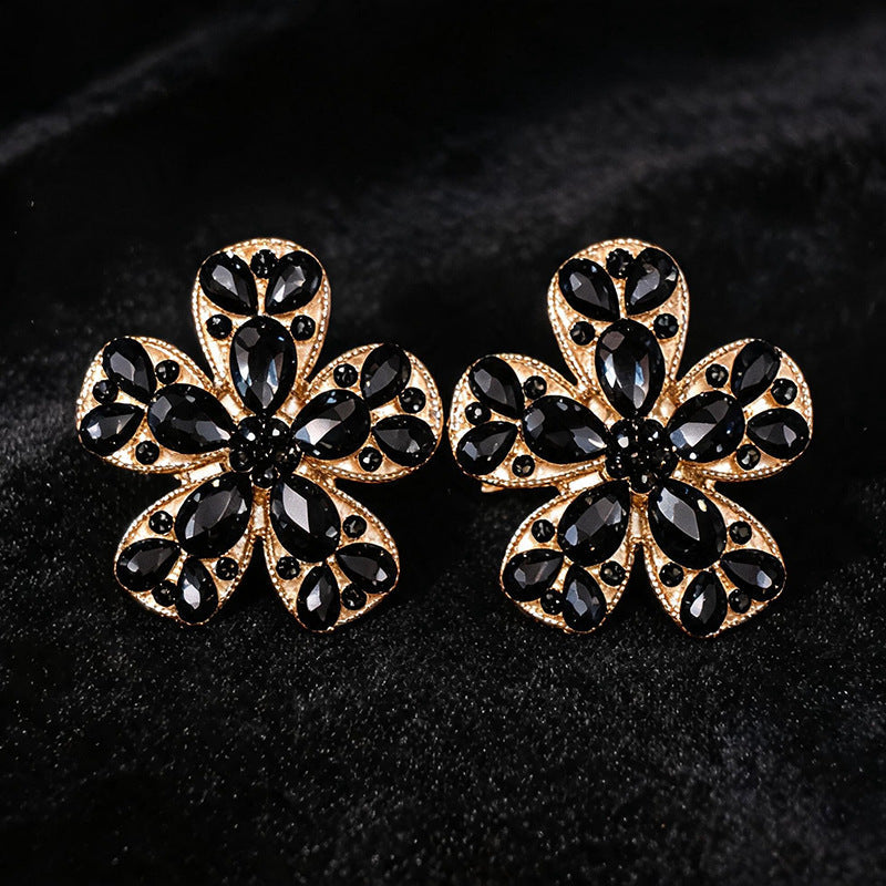 Womens Exaggerated Large Flower Rhinestone Stud Earrings,Heavy Craft Style Light Luxury Party Fashion Earrings