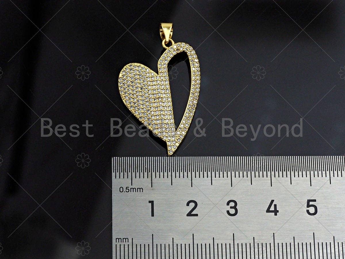 CZ Micro Pave Unbalanced Heart Charm/Pendant, half Heart Shape Charm, Heart Pave Pendant, Gold plated charm, 22x32mm, Sku#LK125