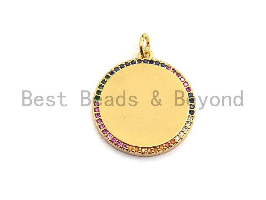 Colorful CZ Micro Pave Round Gold Coin Pendant, Coin Shaped Pave Pendant, Gold plated,21x23mm, Sku#F870
