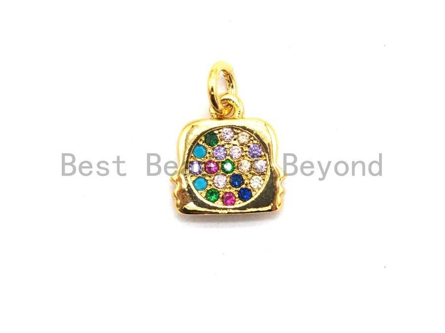 Small CZ Colorful Micro Pave Purse With Two Face Pendant, Purse Lock Shaped Pave Pendant, Gold plated, 10x11mm, Sku#F724