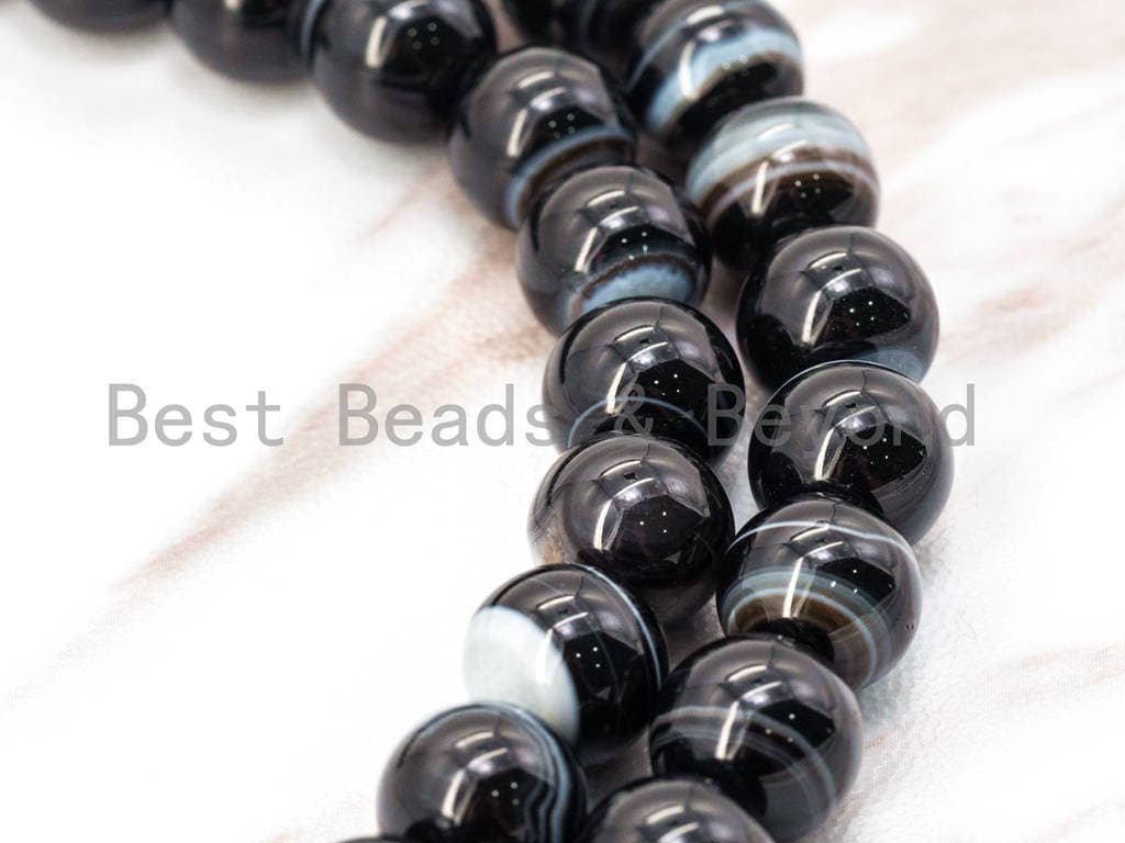 Natural Black white Banded Agate Beads, Round Smooth,SKU#Q6