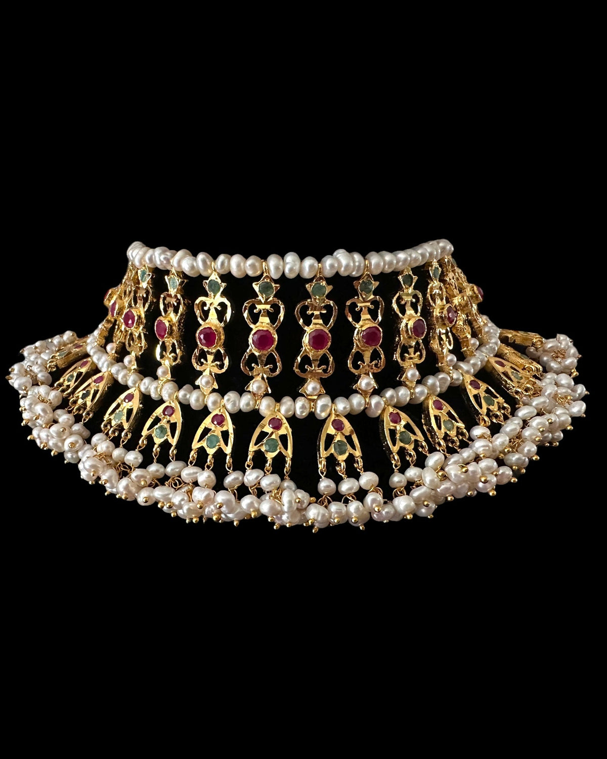 Viya bridal set in natural pearls , rubies and emeralds ( READY TO SHIP)