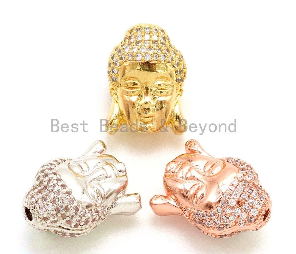 CZ Micro Pave Guanin Buddha Double Face Head Beads, Cubic Zirconia Spacer Bead, Pave Buddha's Head Gold/Silver/Black/Rose Gold, sku#G102