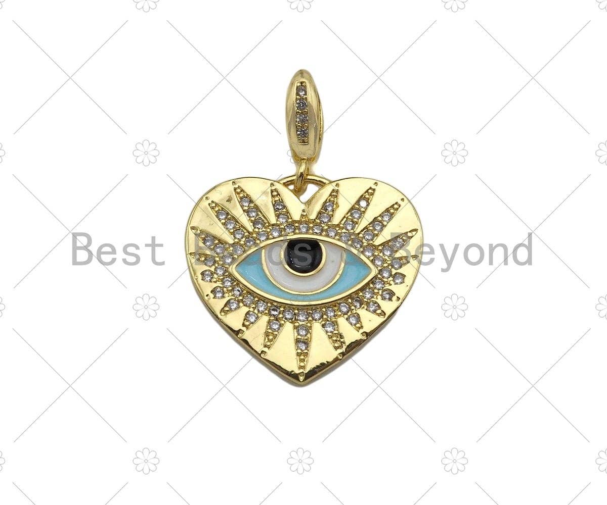 CZ Micro Pave 18k Gold Enamel Evil Eye On Heart Shape Pendant, lk211