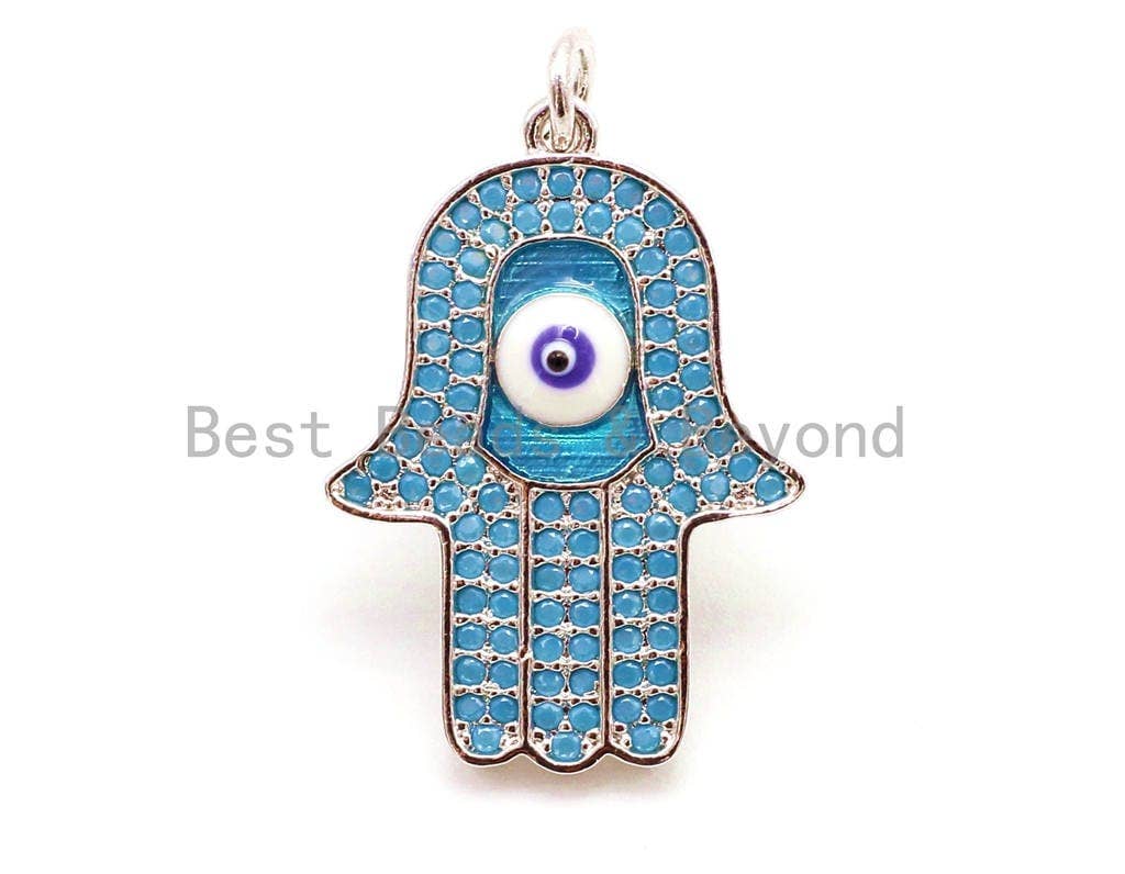 CZ Micro Pave Turquoise Hamsa Hand With Evil Eye Pendant/Charm,Cubic Zirconia Pendant,Fashion Jewelry Findings, 18x28mm, sku#F18