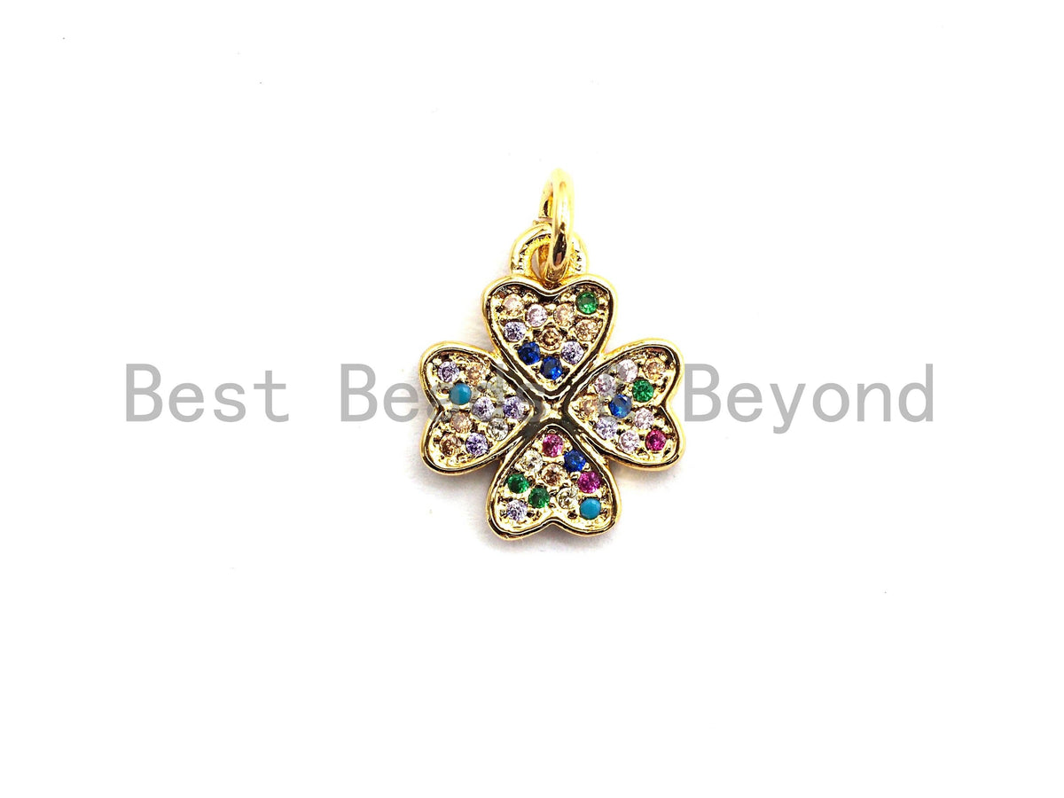 CZ Colorful Micro Pave Shamrock Pendant Charm, Clover Shaped Pave Pendant, Gold plated, 11x13mm, Sku#F754C