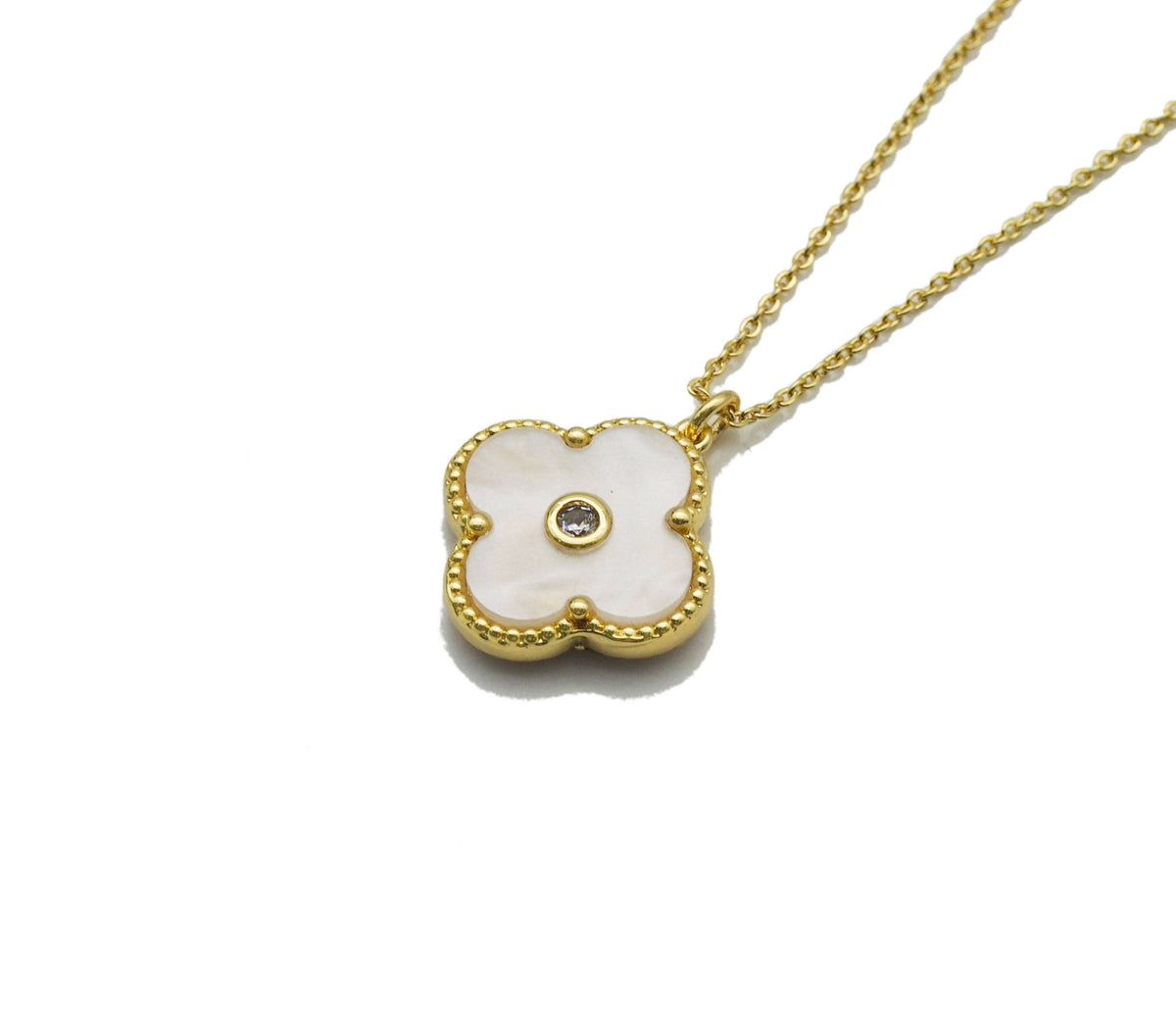 White Mother of Pearl Clover Stud Earrings and Necklace set, Sku#FH207