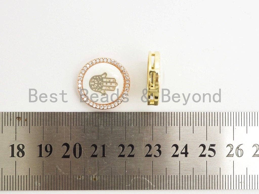 CZ Micro Pave Gilding Hamsa Hand on Mother of Pearl Disc Bea