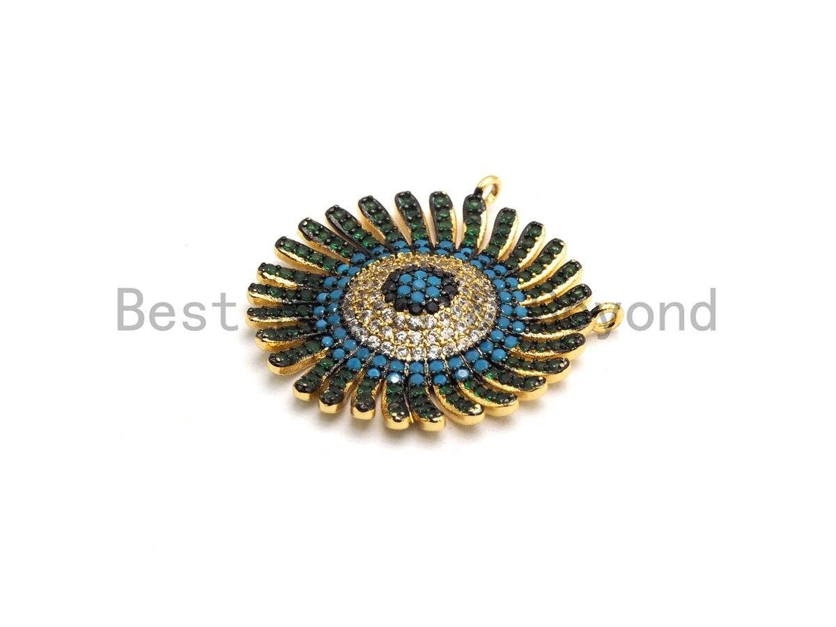 CZ Micro Pave Cobalt/Fuchsia/Green Sunflower Pendant, CZ Pave Focal Pendant, Gumental plated,28mm, sku#F653